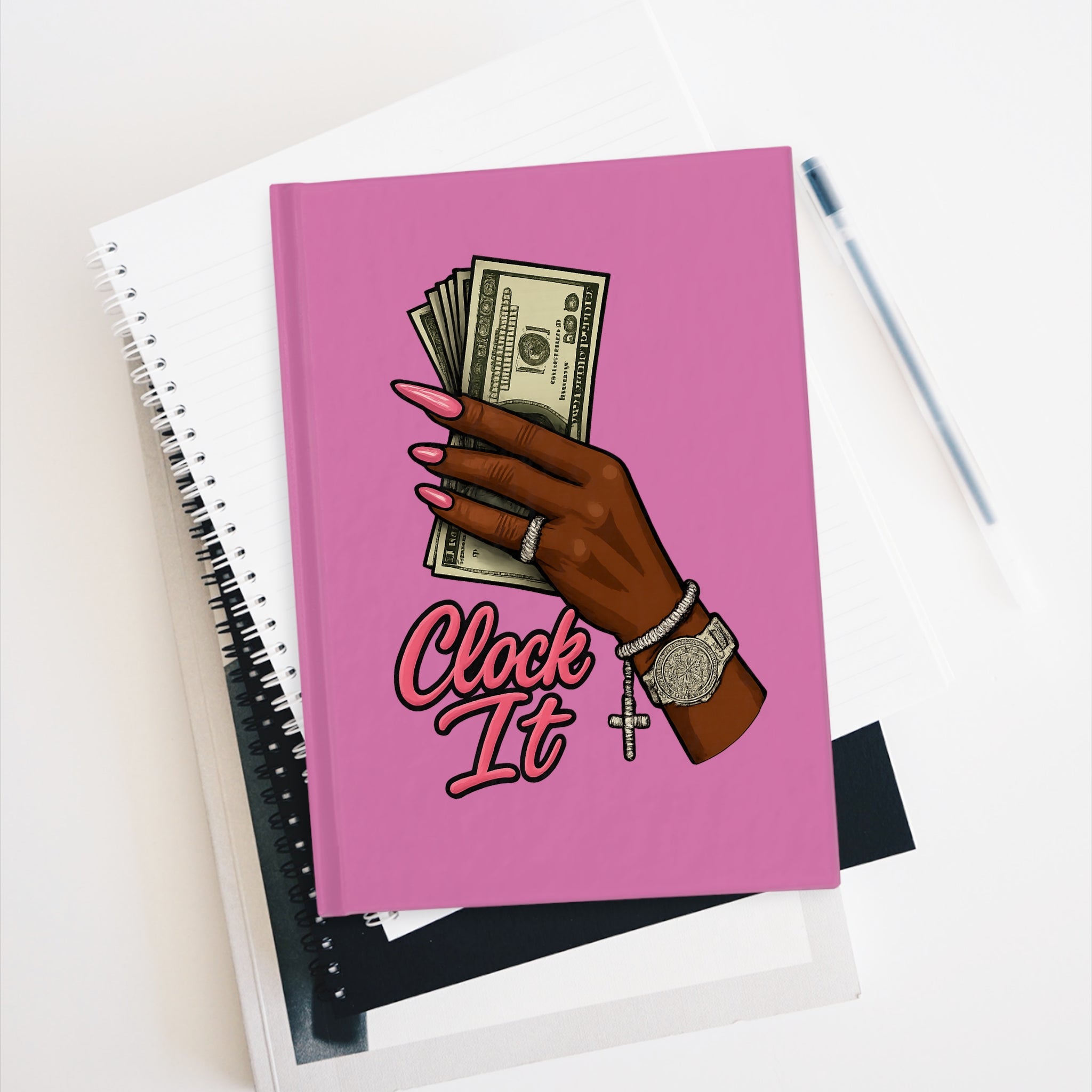 'Clock It' Cash & Bling Pink Hardcover Journal